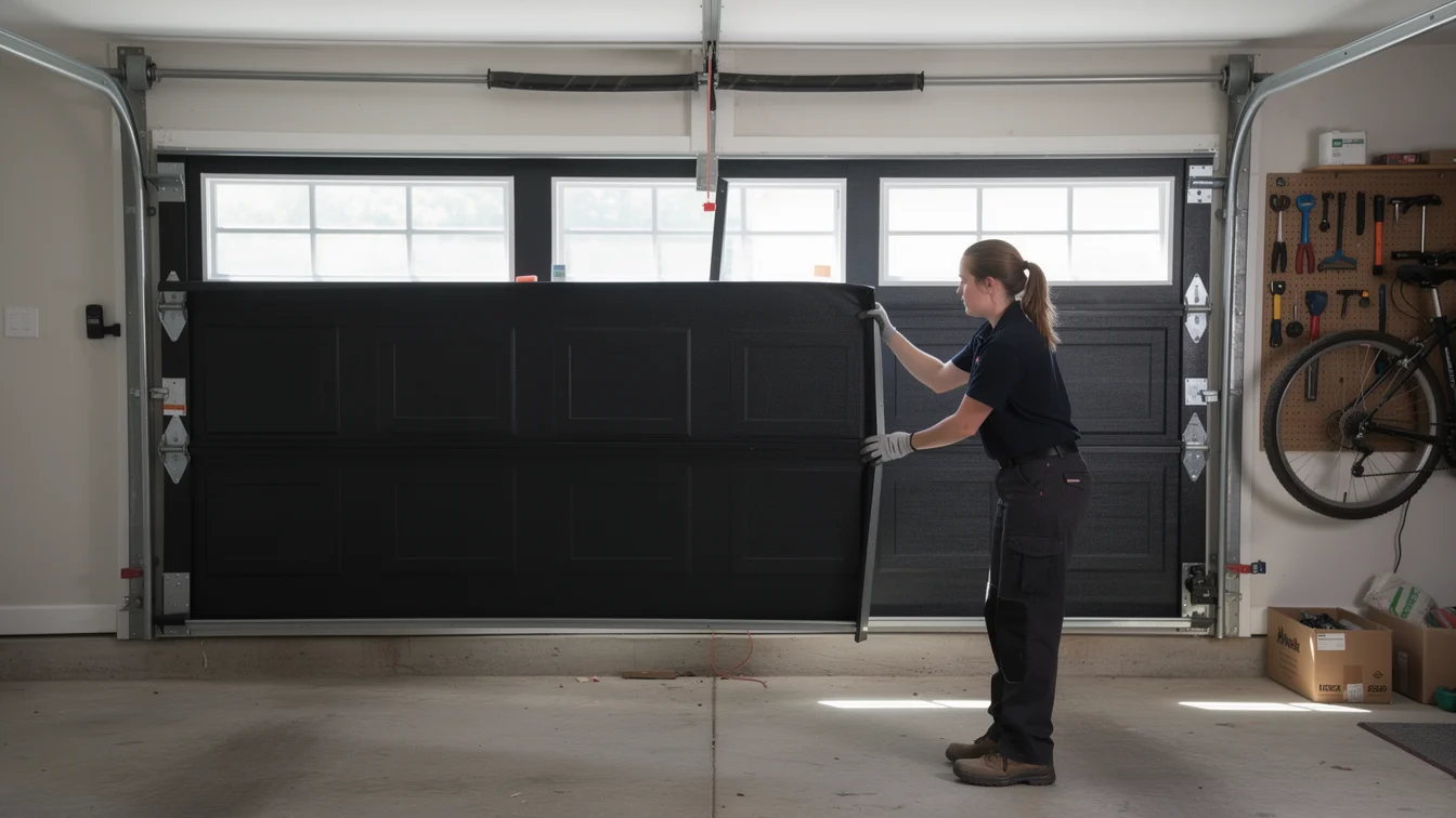 A technician is installing a dark garage door panel with windows.
