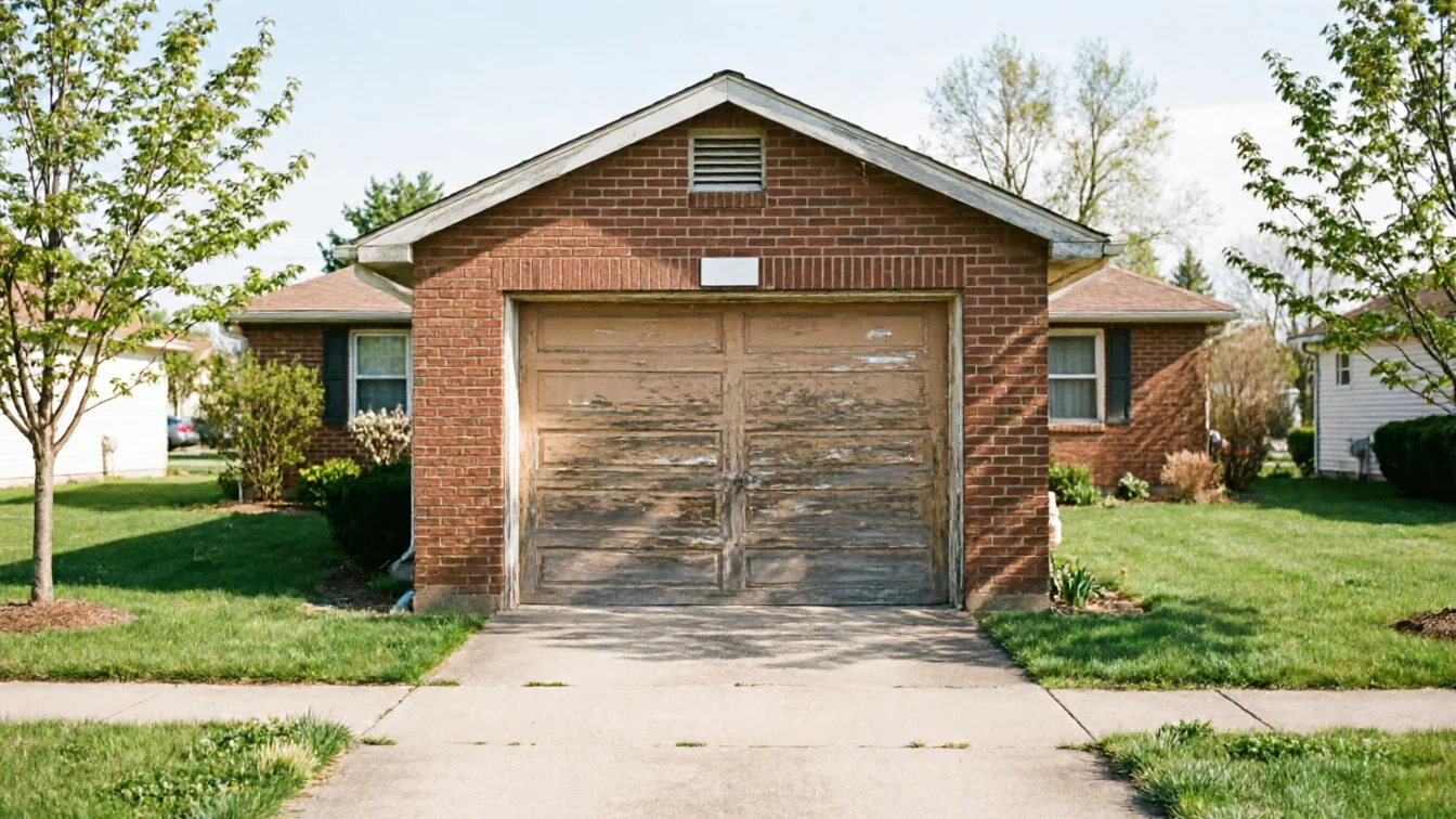 The house has a weathered wooden garage door with peeling paint.