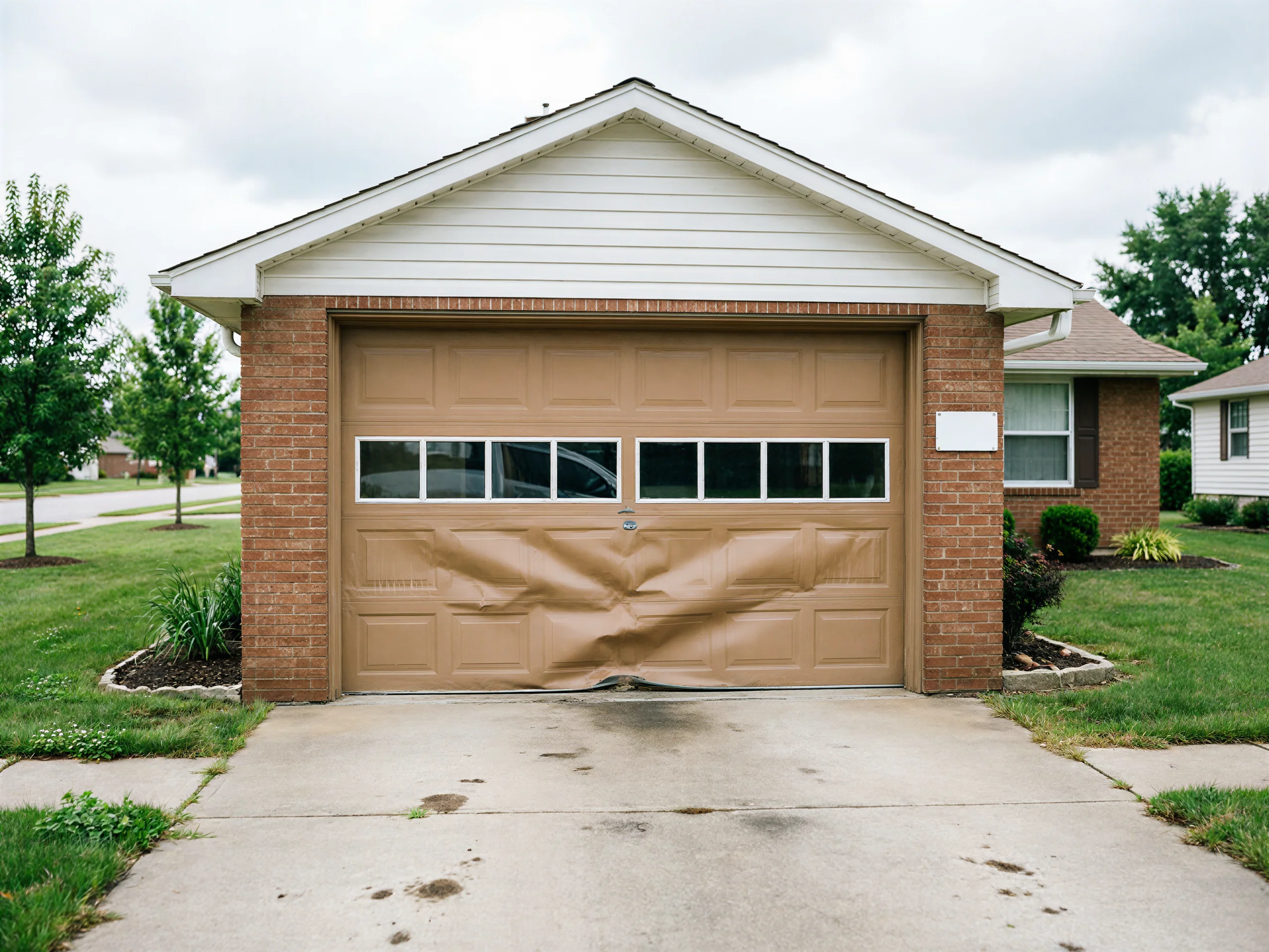The brown garage door on a brick house is severely dented at the bottom.