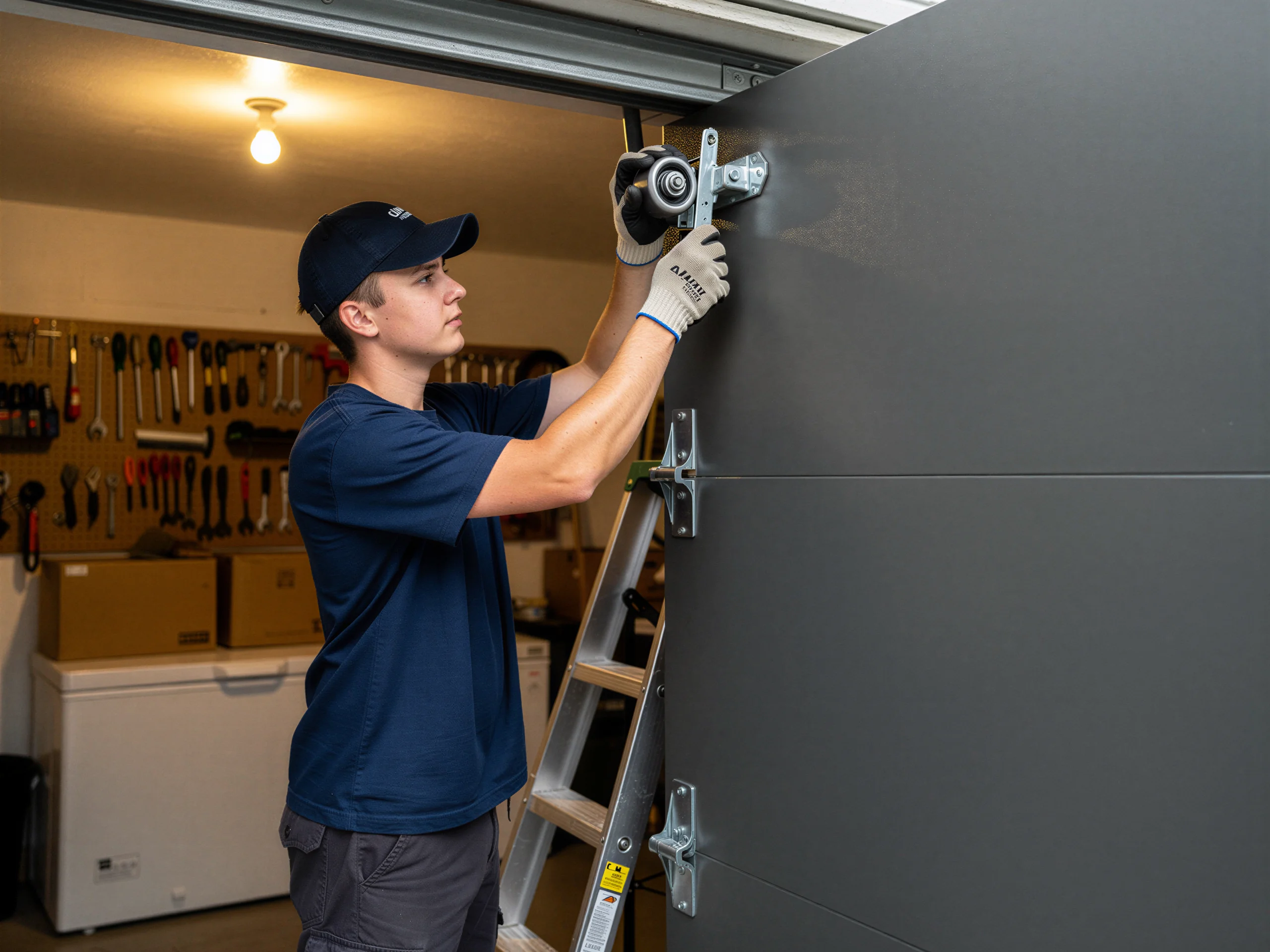 A technician on a ladder installs a roller on a gray garage door.