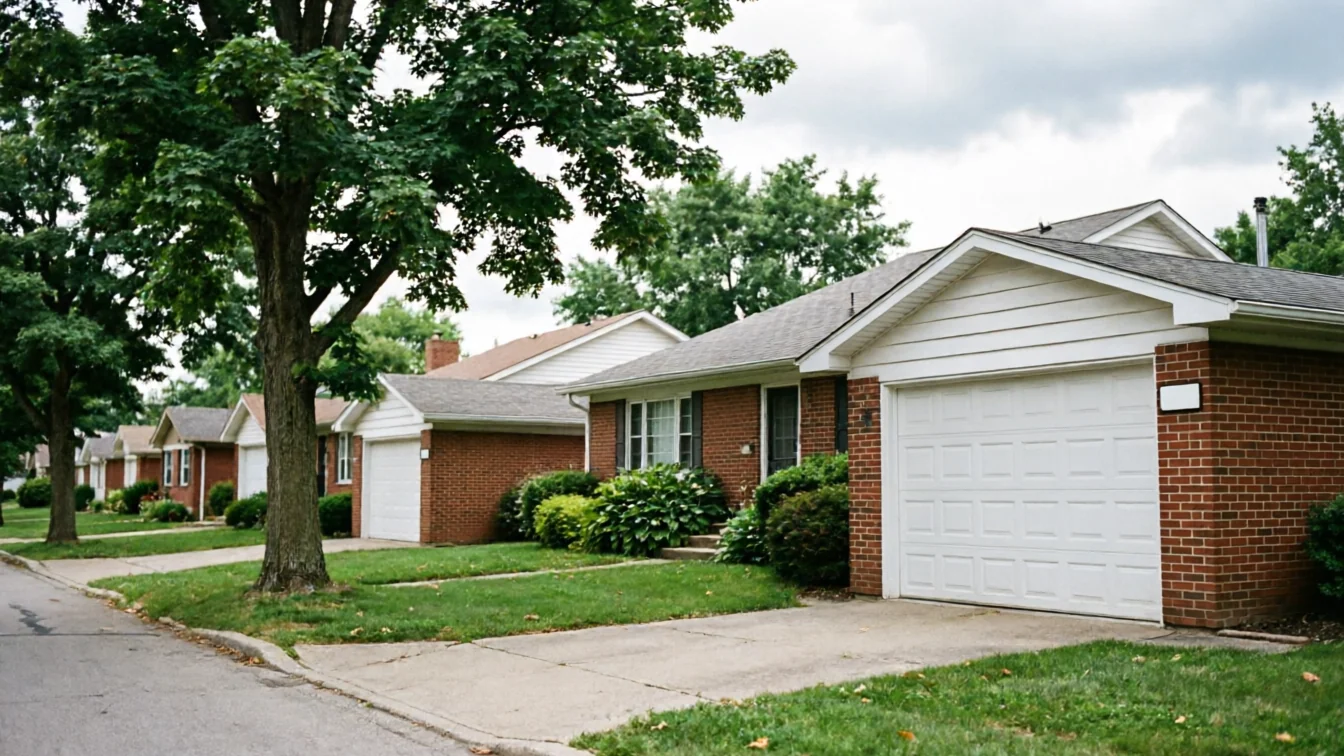 A row of brick houses with white garage doors lines a tree-lined street.